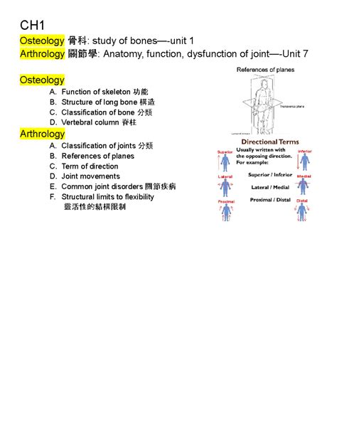 BPK 142 - BPK 142 CH1 lecture notes - CH Osteology 骨科: study of bones—-unit 1 Arthrology 關節學 ...