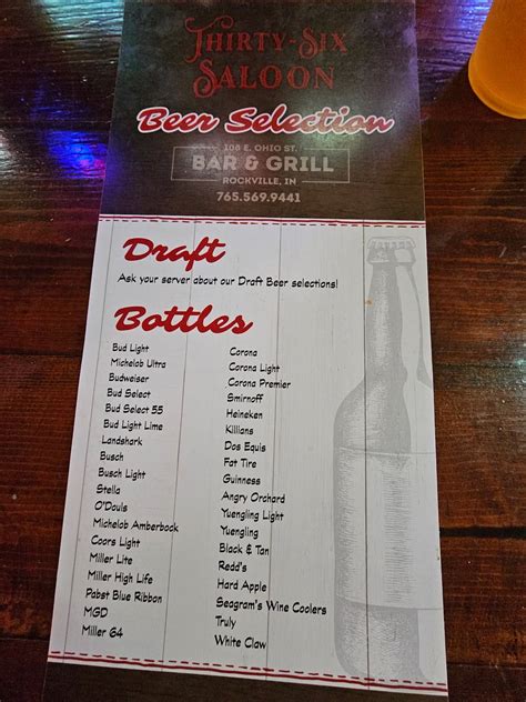 Menu at Thirty Six Saloon pub & bar, Rockville, 108 E Ohio St