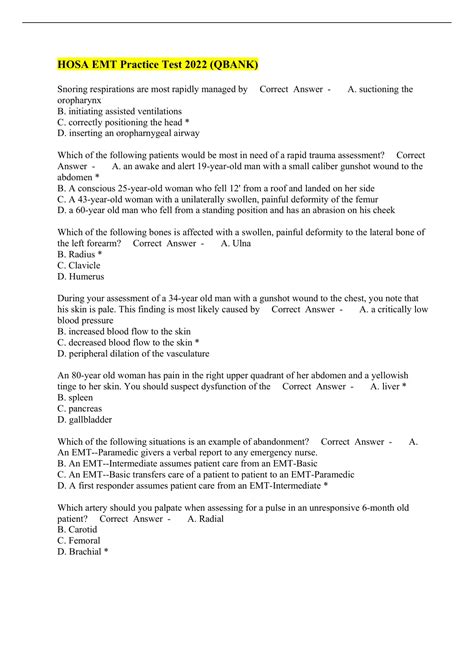 HOSA EMT Practice Test 2022 (QBANK) - HOSA EMT - Stuvia US
