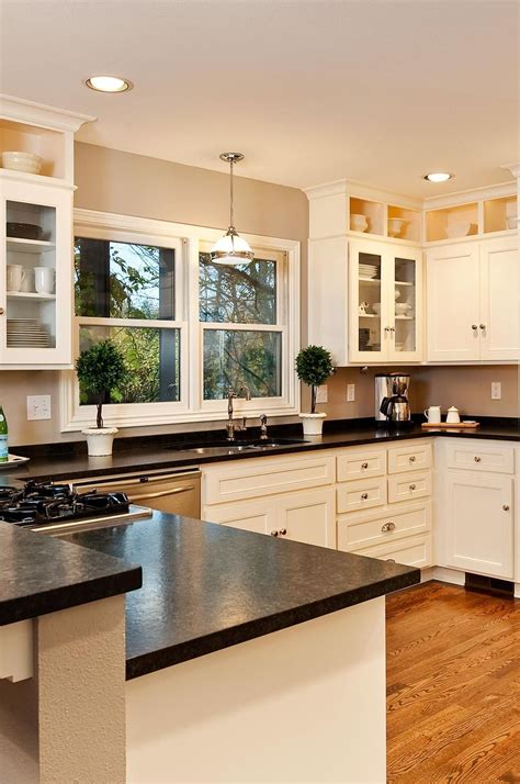 Kitchen Black Counter, Off White Kitchen Cabinets, White Cabinets White ...