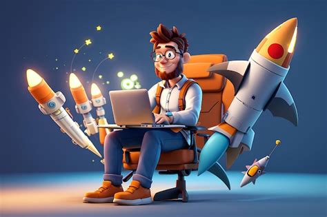 Cartoon character freelancer with a laptop in his hands flies on a ...