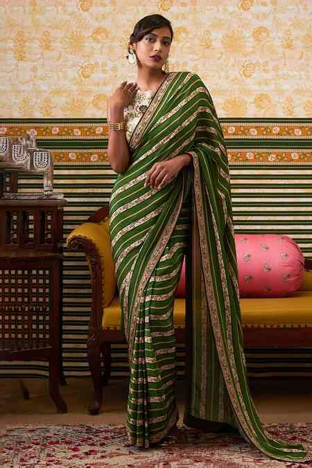 Buy Green Crepe Ambrosia Striped Pre-draped Saree With Fleur Blouse For ...