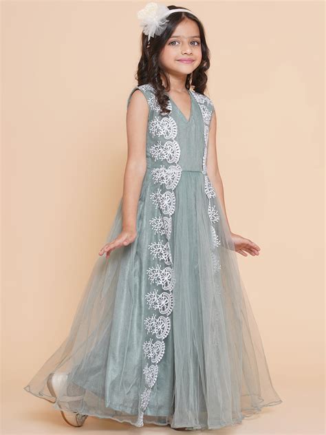 Shop Bitiya By Bhama Girls Green Net Embroidered Fit & Flare Gown. Online