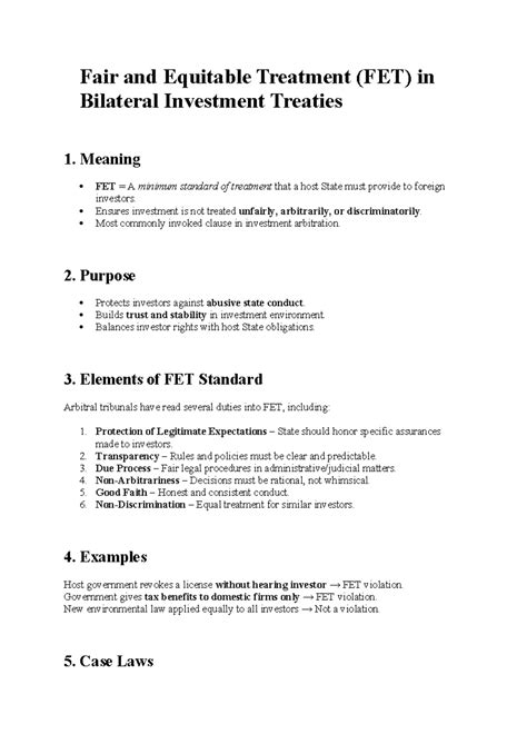 FET in Bilateral Investment Treaties: Meaning, Purpose & Elements - Studocu