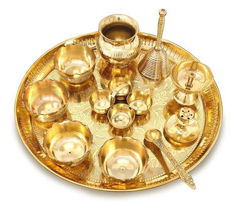 Bengalen Brass Pooja Thali Set 12 Inch with Pital Plate Kalash Bowl Sp