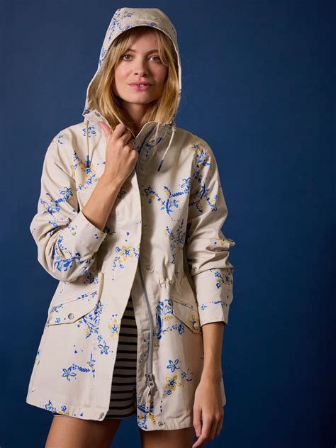 Portwell Beige & Blue Floral Waterproof Raincoat With Hood | Joules