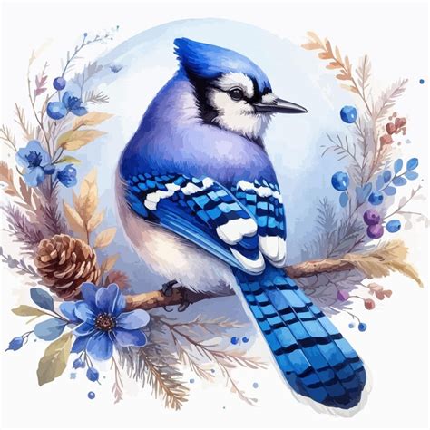 A painting of a blue bird with a blue and white body and flowers ...