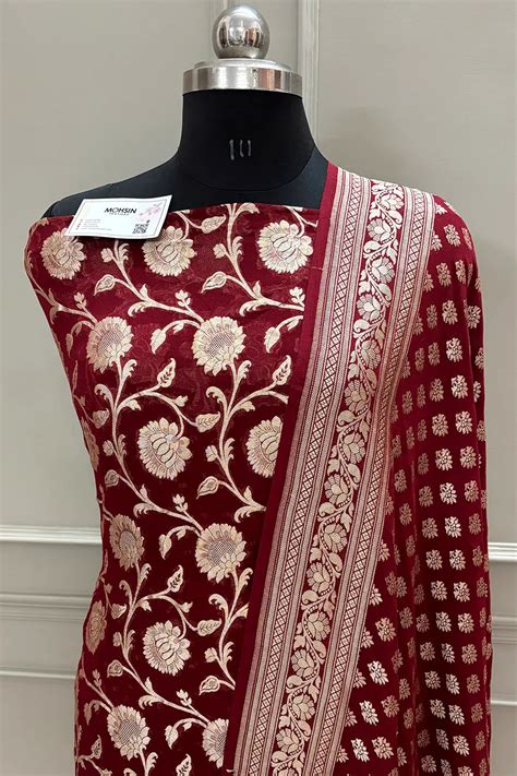 Maroon Golden Zari Pure Georgette Silk Banarasi Suit – Mohsin Textiles