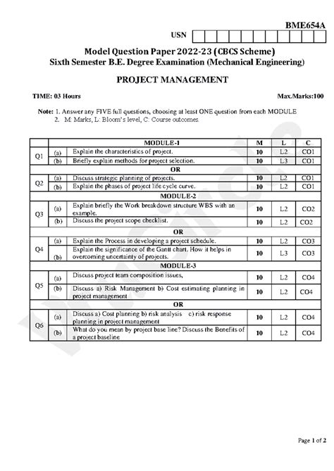 BME654A Project Management Model Question Paper Set 1 - Studocu
