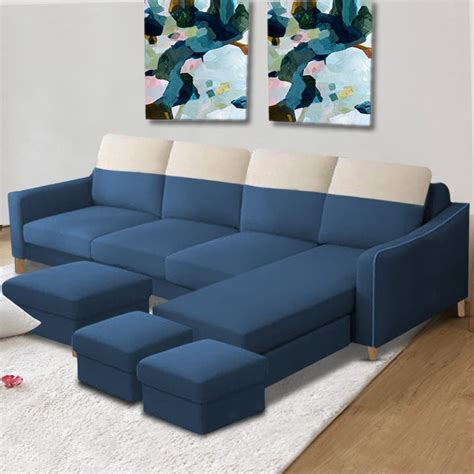 Alyona RHS 8 Seater L Shape Sofa Set for Living Room with Puffy (Grey