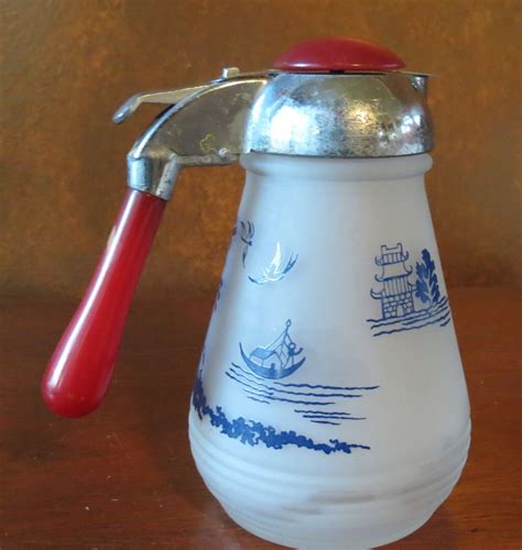 Blue Willow Frosted Glass Syrup Dispensers w/ Red Bakelite & Chrome Top ...