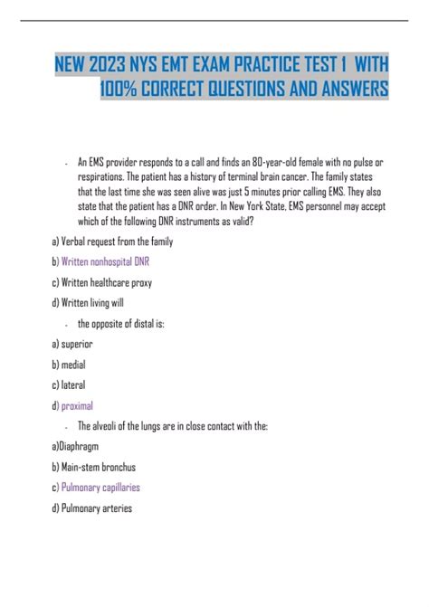 NEW 2023 NYS EMT EXAM PRACTICE TEST 1 WITH 100% CORRECT QUESTIONS AND ...