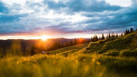 Download wallpaper 1280x720 landscape, mountains, sun, meadow, trees ...