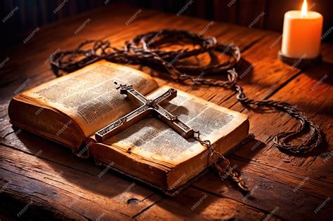 Religious scene with old holy bible and cross crucifix Christian faith ...