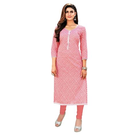Baby Pink Printed Cotton Long Kurti – Bavis Clothing