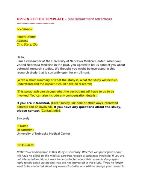 OPT-IN LETTER TEMPLATE - Use department letterhead Doc Template | pdfFiller