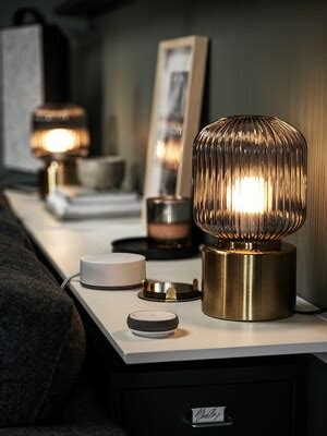 SOLKLINT Table lamp, brass/grey clear glass, 28 cm (11") - IKEA