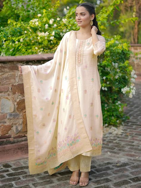 Buy Off White Woven Design Linen Straight Suit With Dupatta Online at ...