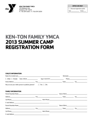 Fillable Online ymcabuffaloniagara KEn-ton family ymCa 2013 summEr Camp ...