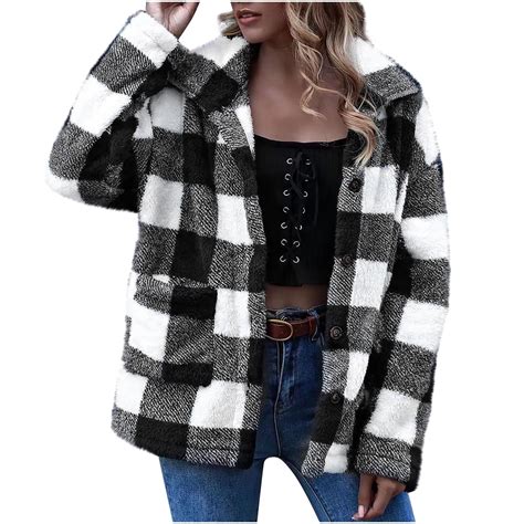 Womens Sherpa Fleece Plaid Jacket Button Down Jacket Long Sleeve Lapel ...