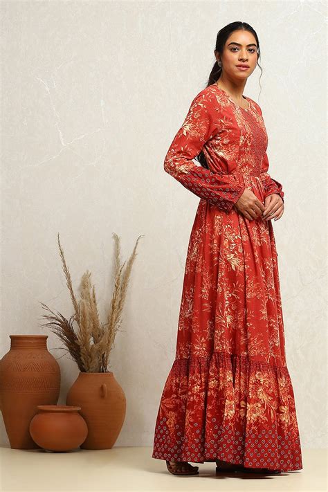Buy Rust Floral Printed Tiered Flared Dress Online at Biba India