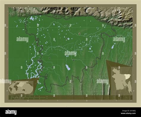 Sylhet, division of Bangladesh. Elevation map colored in wiki style with lakes and rivers ...
