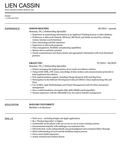 Onboarding Specialist Resume Samples | Velvet Jobs