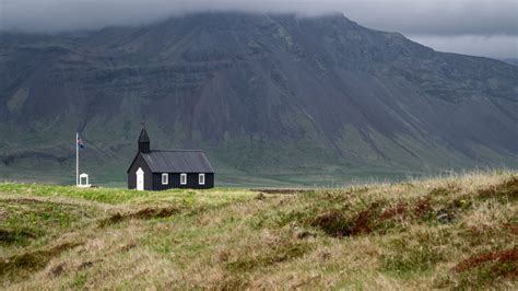 Wallpaper church, mountain, valley, flag, nature, iceland hd, picture ...