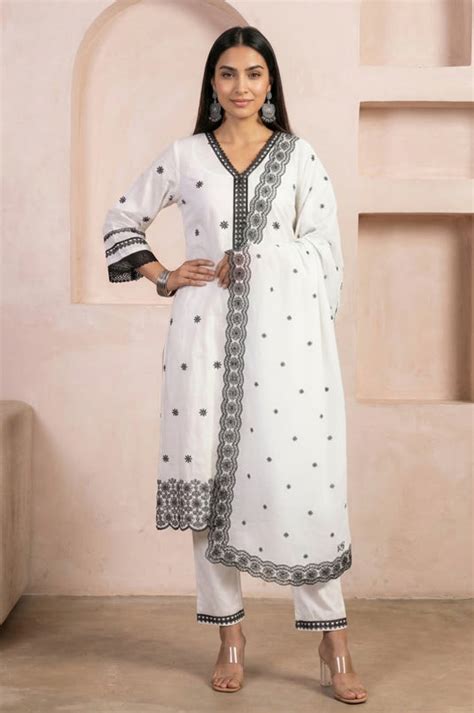 Buy White Thread Embroidered Pure Cotton Straight Kurta with Trousers ...