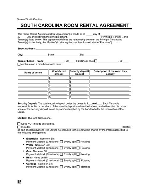 Free South Carolina Room Rental Agreement Template | PDF & Word