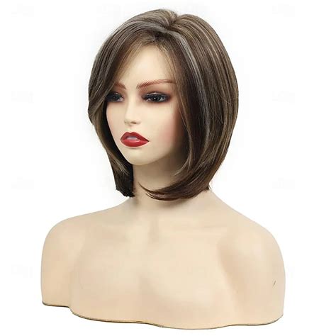 Wig Natural Wave Asymmetrical With Bangs Wig Short Light Brown ...