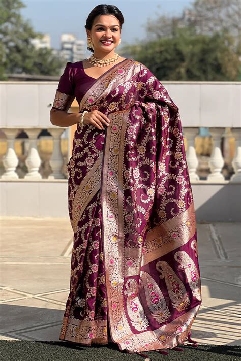 Surreptitious Wine Soft Banarasi Silk Saree With Engaging Blouse Piece ...
