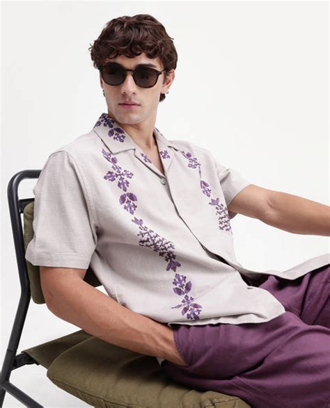 Buy Vrab Light Grey Cotton Blend Cuban Collar Button Relaxed ...