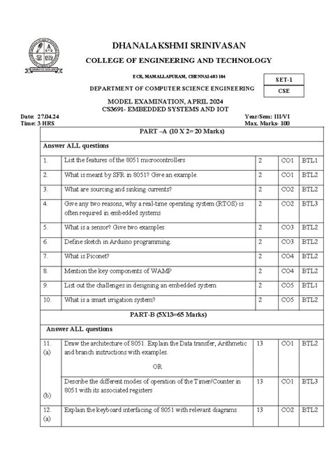 CSE A CS3691 Esiot Model SET 1 - DHANALAKSHMI SRINIVASAN COLLEGE OF ...