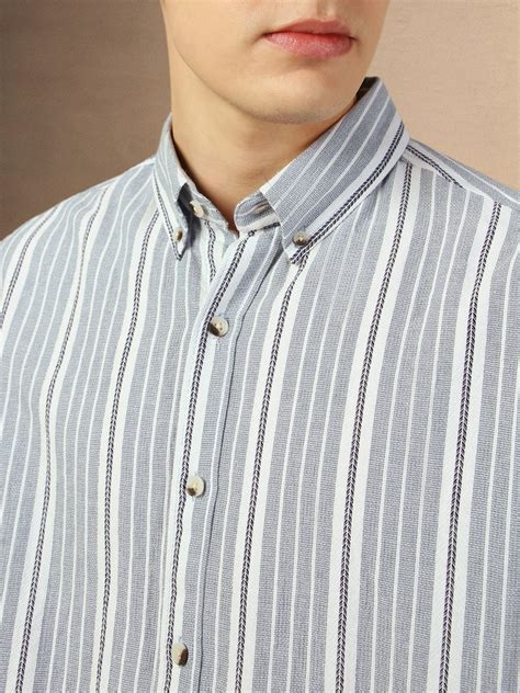 Men's Blue Striped Button Down Collar Full Sleeves Relaxed Fit Shirt ...