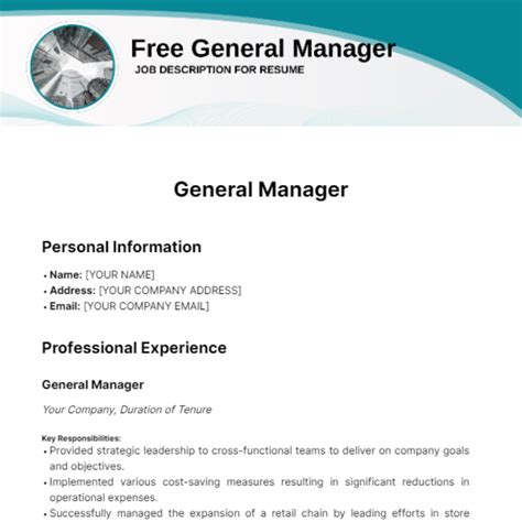 Free General Manager Job Description for Resume Template to Edit Online