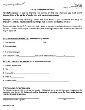Fillable Online Last Day of Employment Verification - ELC of Pinellas ...