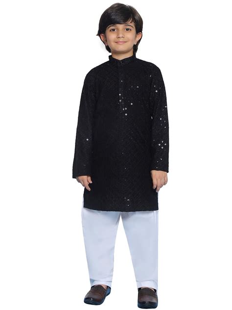 Buy AJ DEZINES Kids Ethnic Wear Cotton Sequined Chikankari Black Kurta ...