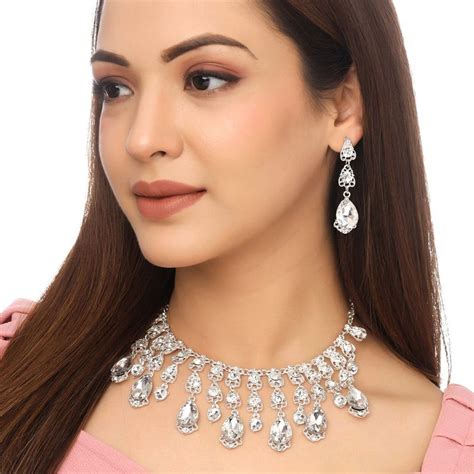 Buy Yellow Chimes Silver Toned Tear Drop Crystal Designed Necklace Set ...