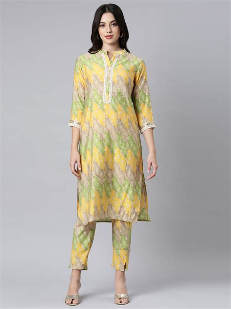 Neerus Yellow Regular Straight Floral Kurta And Trousers – Neerus India