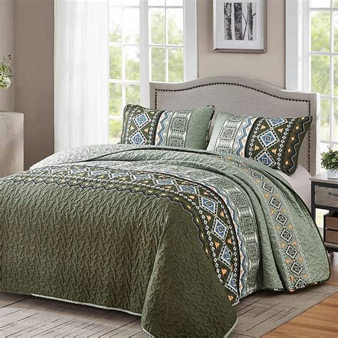 Boho Quilt Set King Size Olive Green Bedding Bedspread Reversible ...