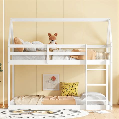 Twin over Twin Rubber Wood Floor Bunk Bed, with ladder,Guardrails,House ...