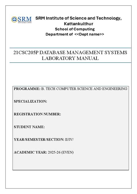 21CSC205P DBMS Lab Workbook: Experiments 1-3 Guide - Studocu