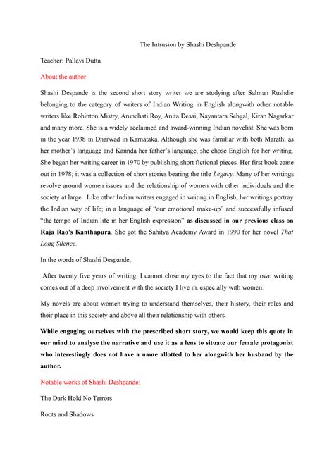 The-Intrusion - fdsfs - The Intrusion by Shashi Deshpande Teacher ...