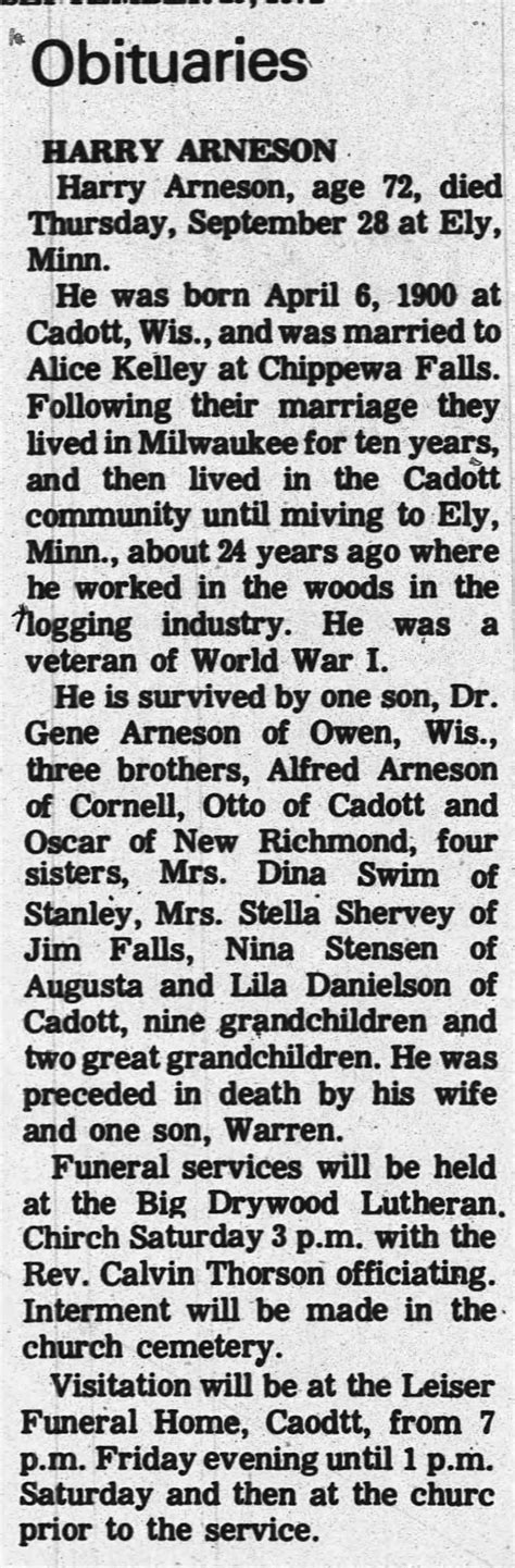 Obituary for HARRY ARNESON - Newspapers.com™