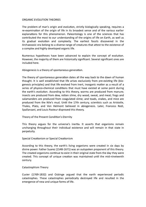 Organic Evolution Theories - ORGANIC EVOLUTION THEORIES The problem of ...