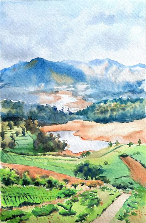 "Avalanche Lake Ooty": Green Watercolor Painting by Lasya Upadhyaya ...