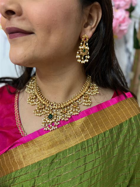 Brass Guttapusalu Short Necklace With Earrings – Daivik.in