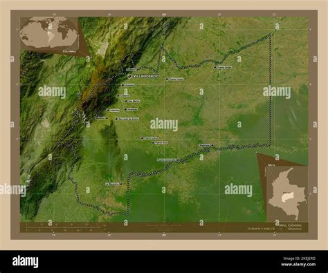 Meta, department of Colombia. Low resolution satellite map. Locations and names of major cities ...