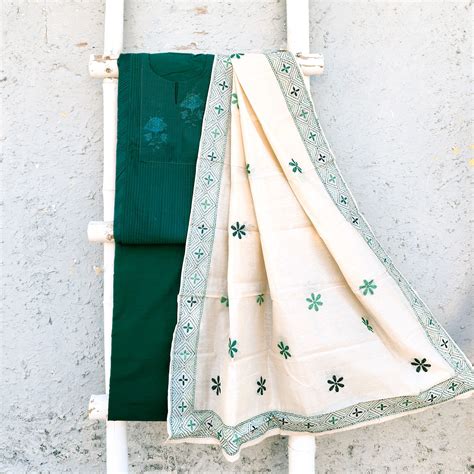 PHULKARI - Cotton Silk Self Yoke Top With Plain Cotton Silk Bottom And ...